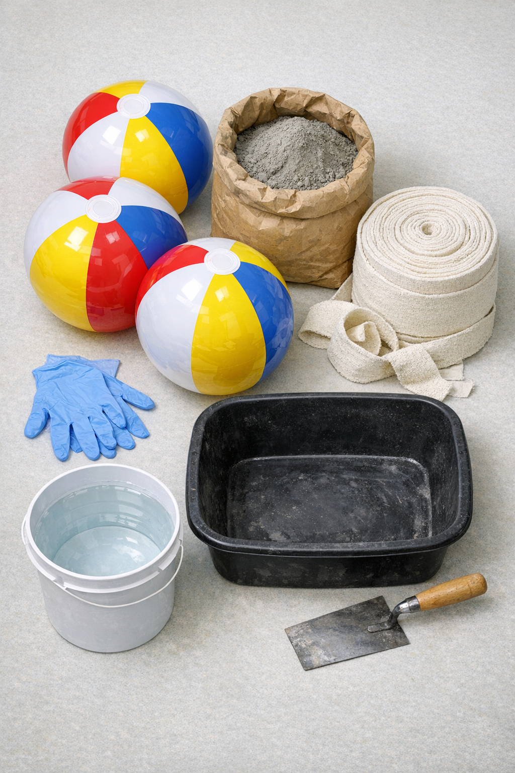 Materials for making cement yard spheres laid out on a work surface