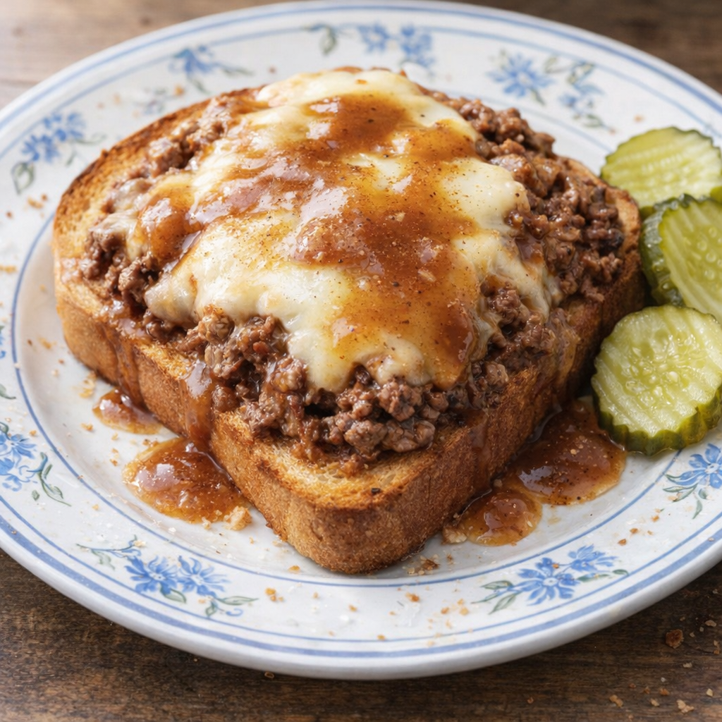 Open-faced beef sandwich with gravy and pickles