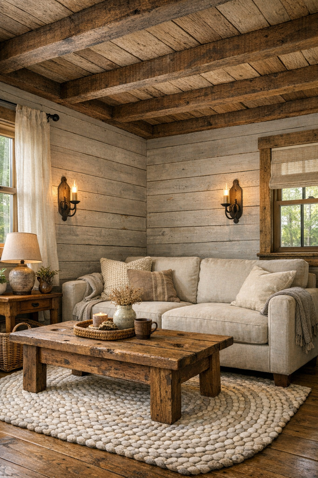Handcrafted tiny home living room with exposed beams and linen seating