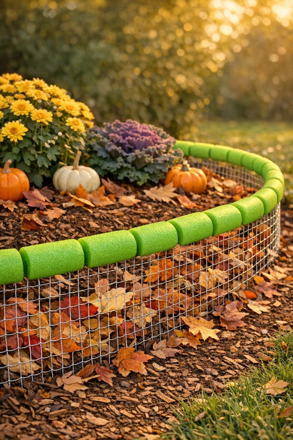 Finished fall garden bed leaf barrier made from pool noodles and chicken wire