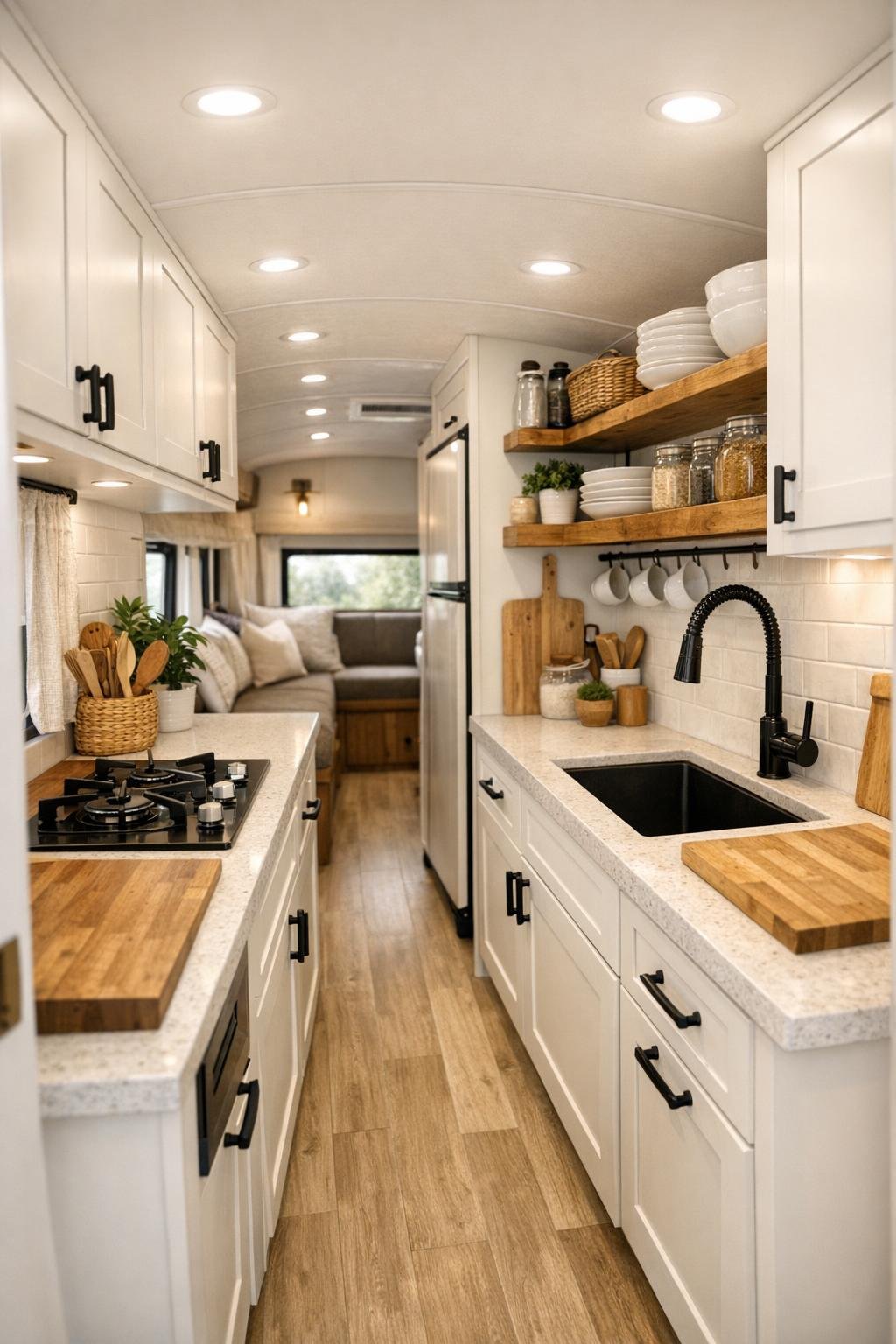 Bright converted bus kitchen with creamy cabinets and compact cooking space