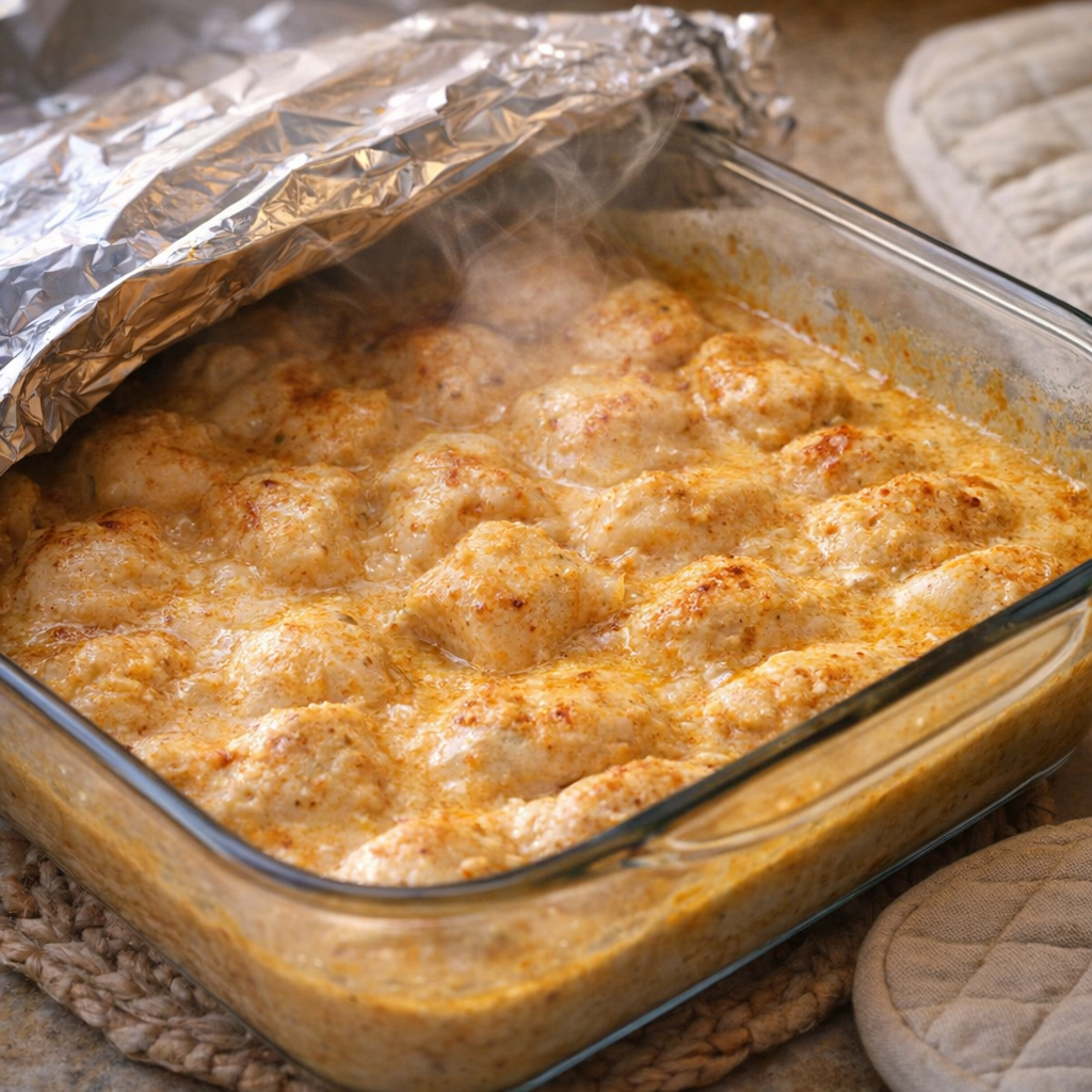 Baked chicken casserole with golden bubbling sauce