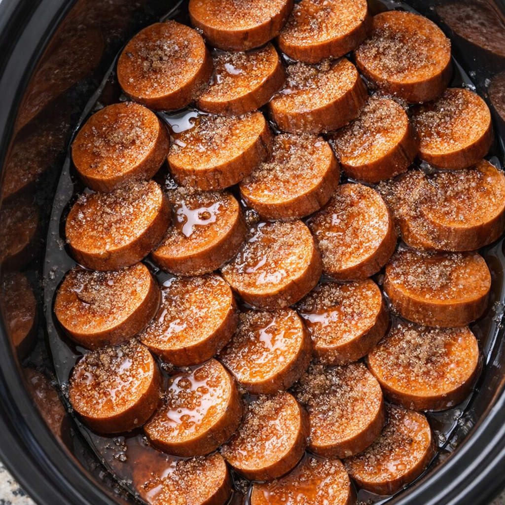 Sweet potatoes layered in the slow cooker