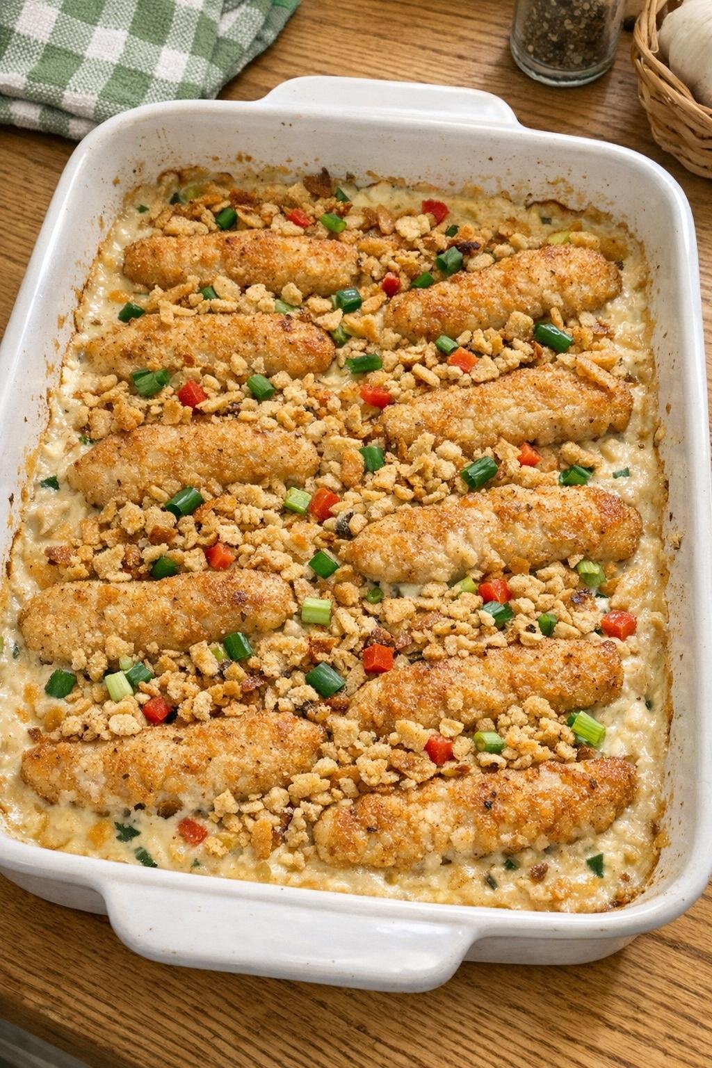 Baked creamy chicken casserole in a ceramic dish