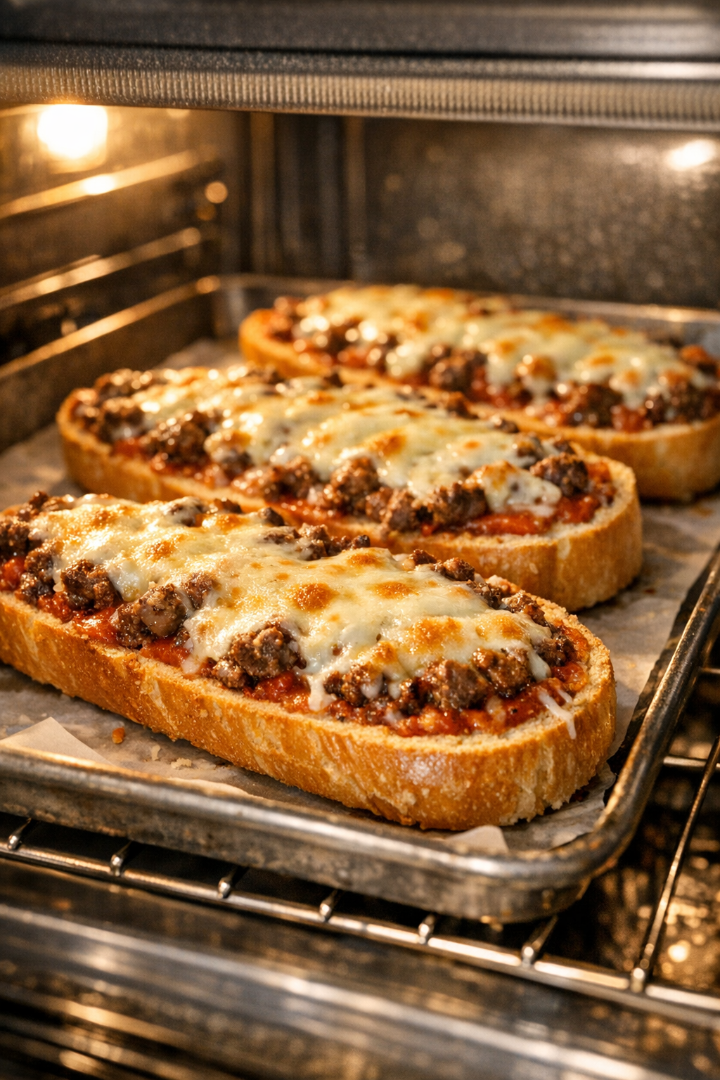 Beef french bread pizzas baking until cheese is bubbly