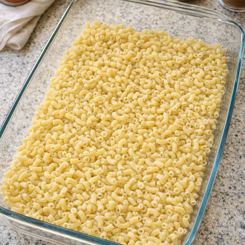 Dry elbow macaroni spread in a baking dish