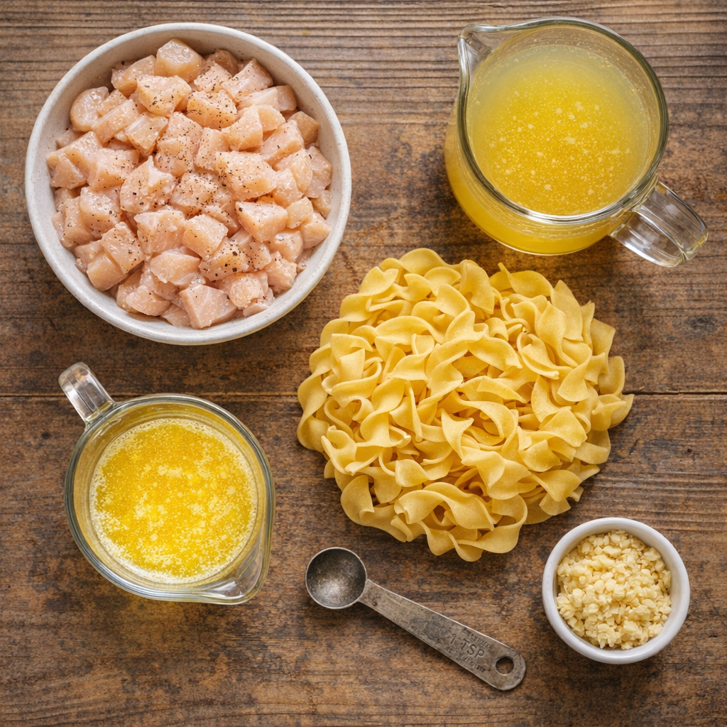 Ingredients for Amish garlic butter chicken noodles
