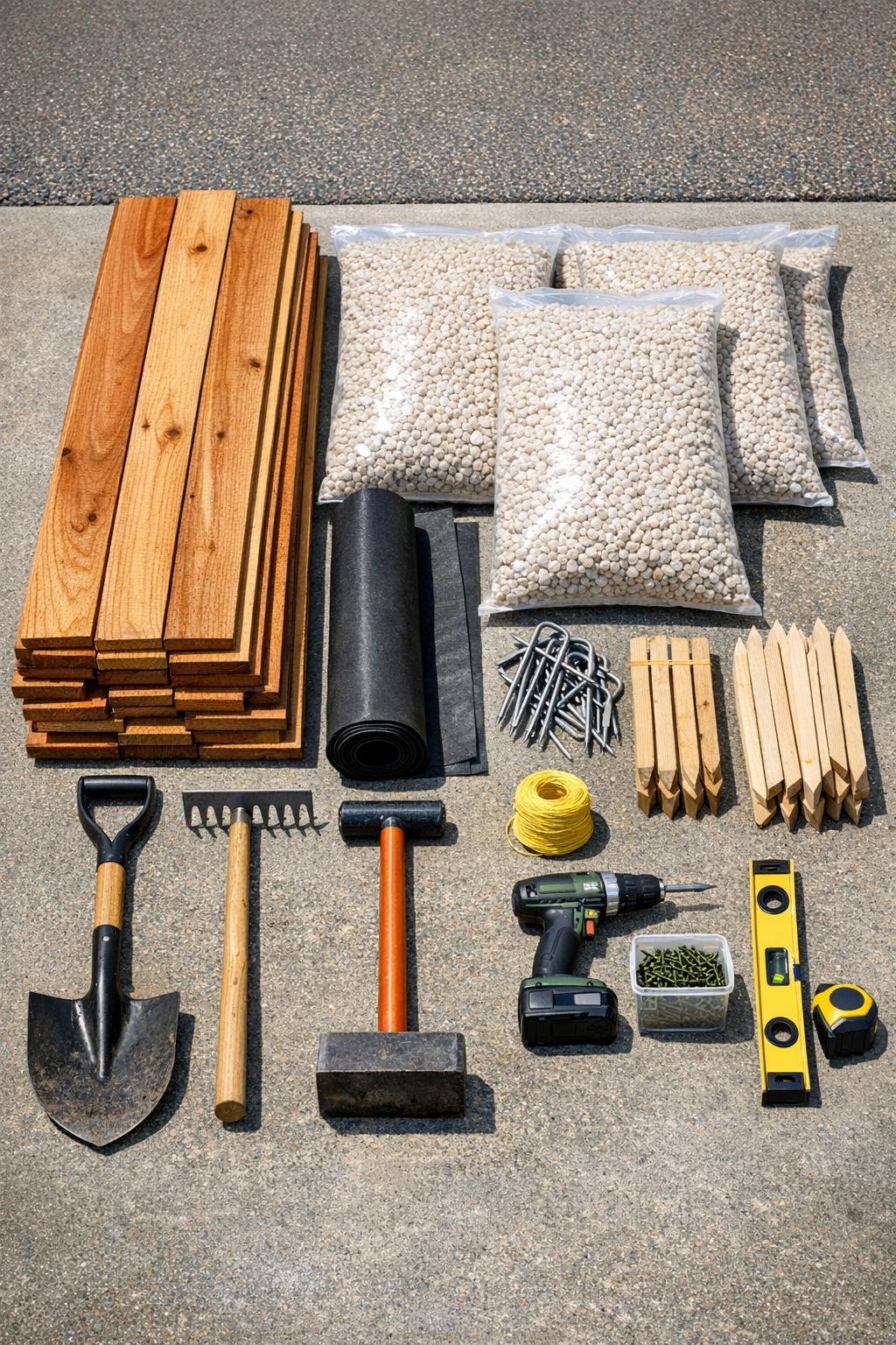 Materials for a cedar picket and pea gravel garden path laid out together