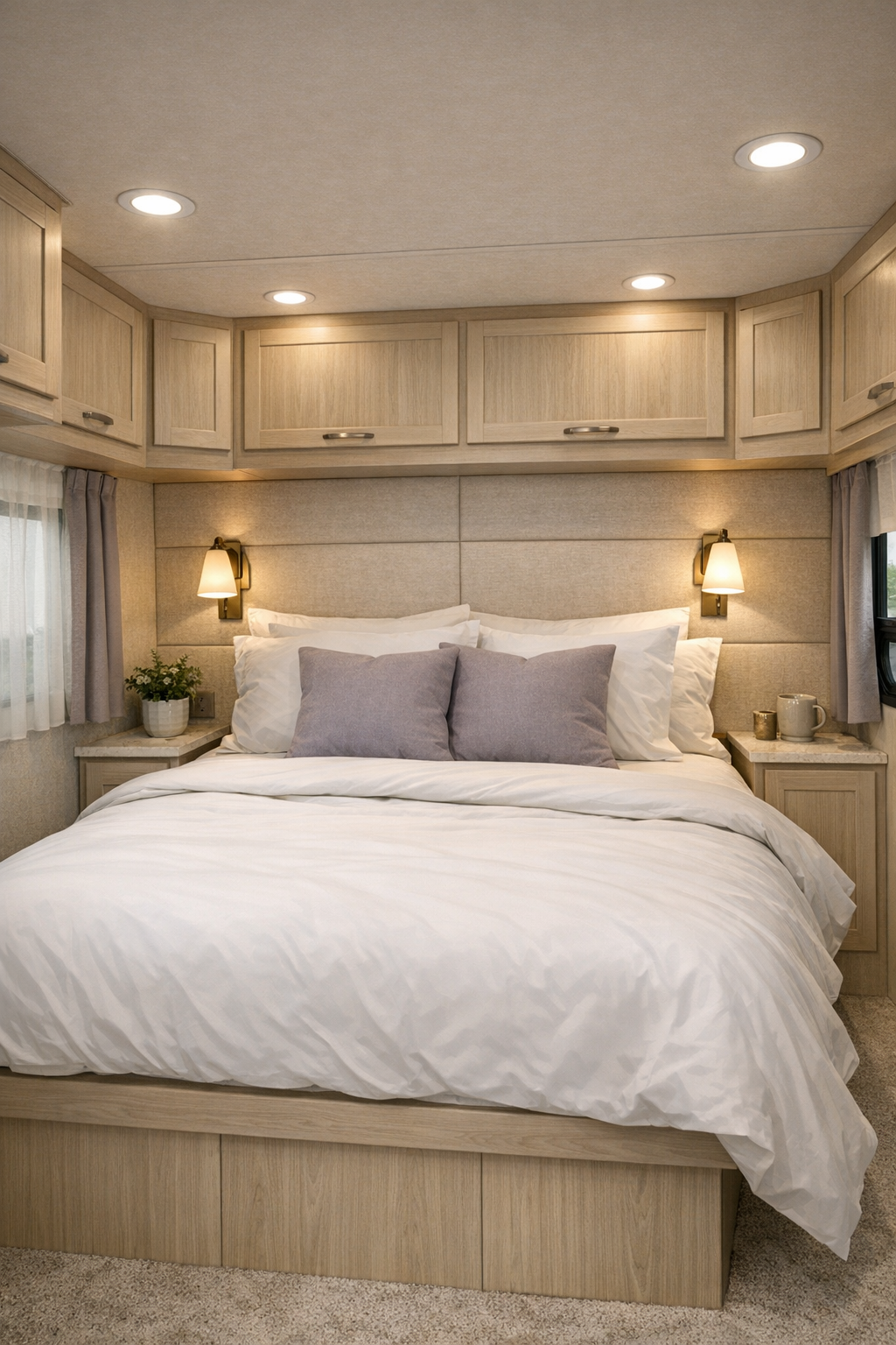 Serene RV bedroom with platform bed, white bedding, muted lavender accents, and built-in storage