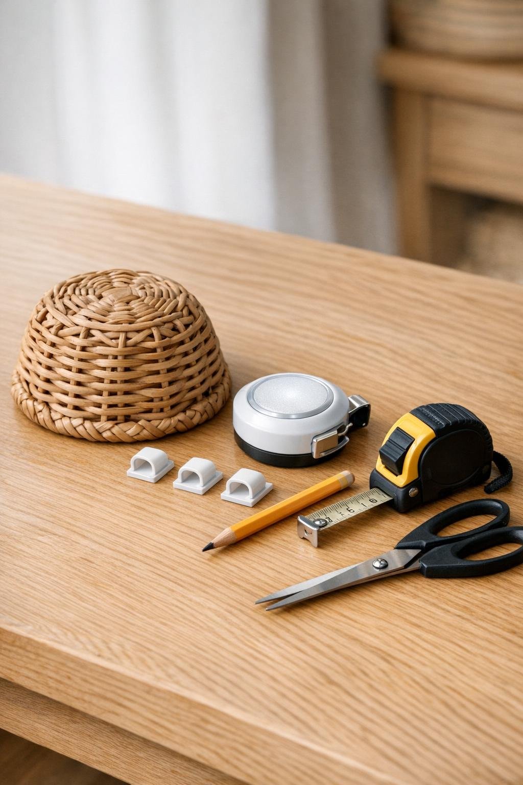 Materials for a rattan basket puck light lamp laid out on a table