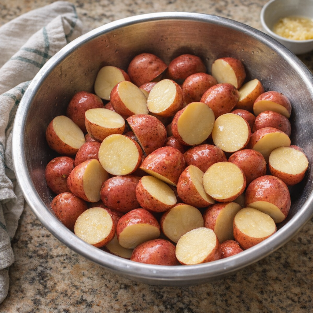 Halved baby potatoes in a mixing bowl on a kitchen counter