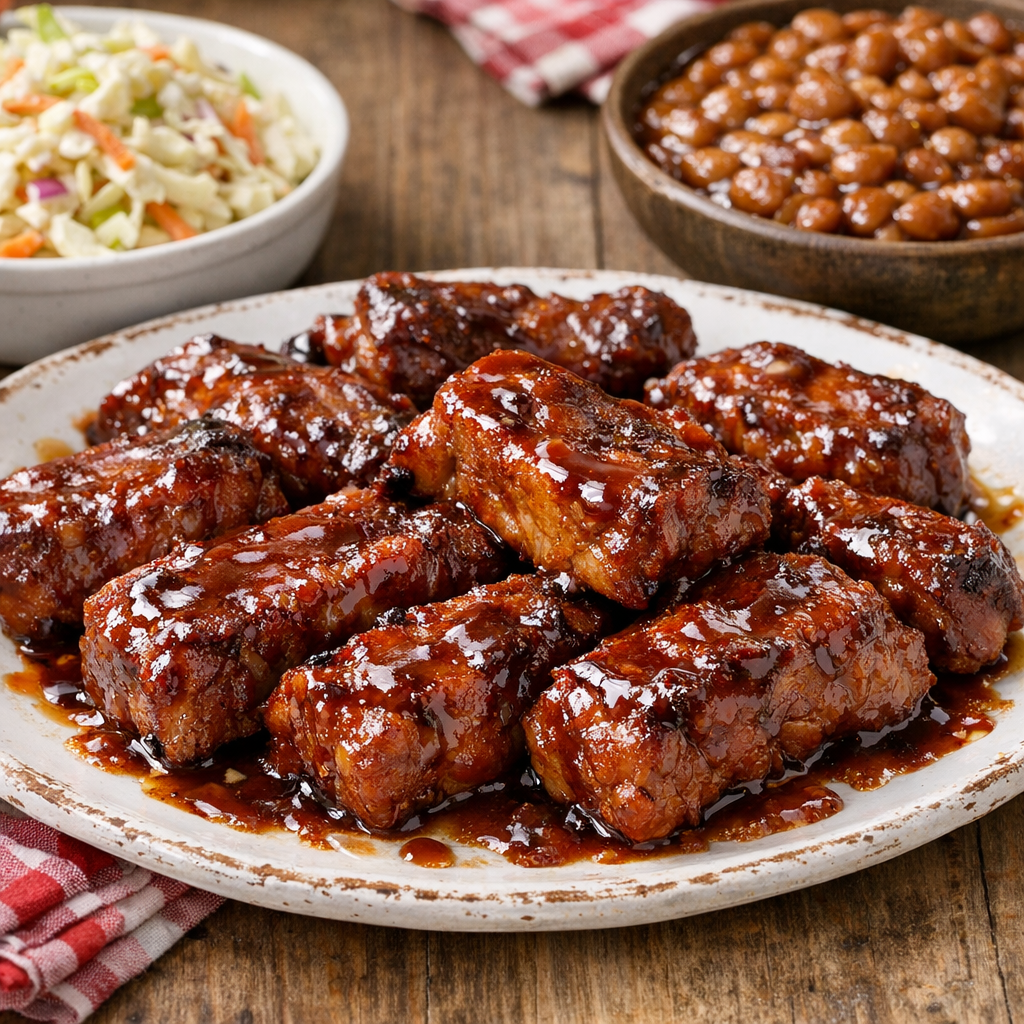 Finished plated slow cooker country ribs with glossy sauce