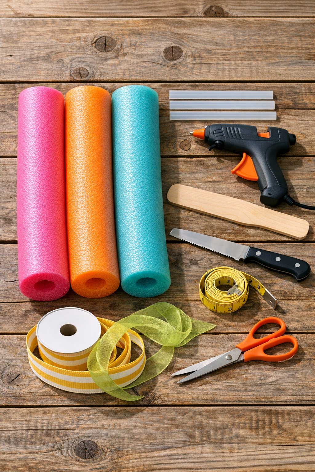 Materials for a giant pool noodle popsicle door hanger laid out on a table