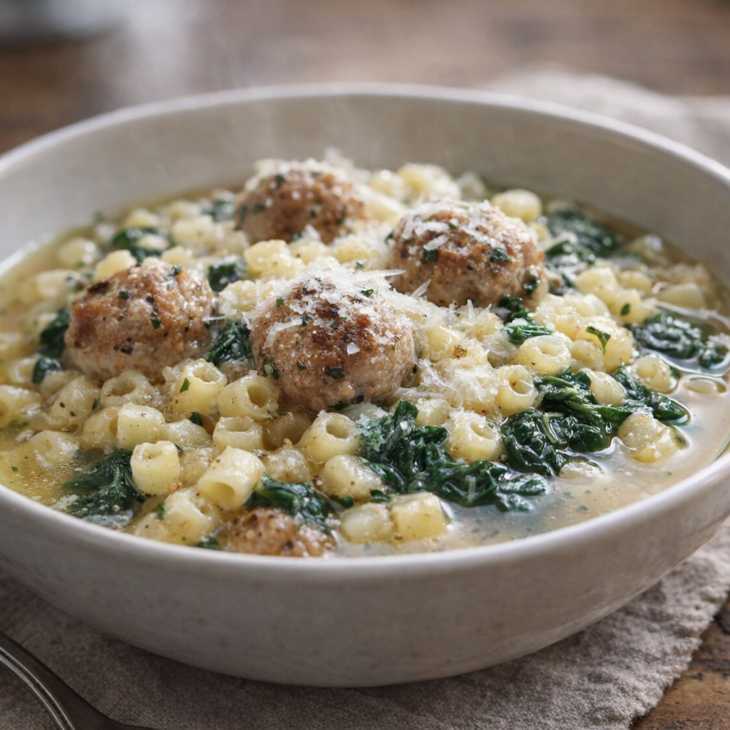 Served portion of wedding soup pasta with grated cheese