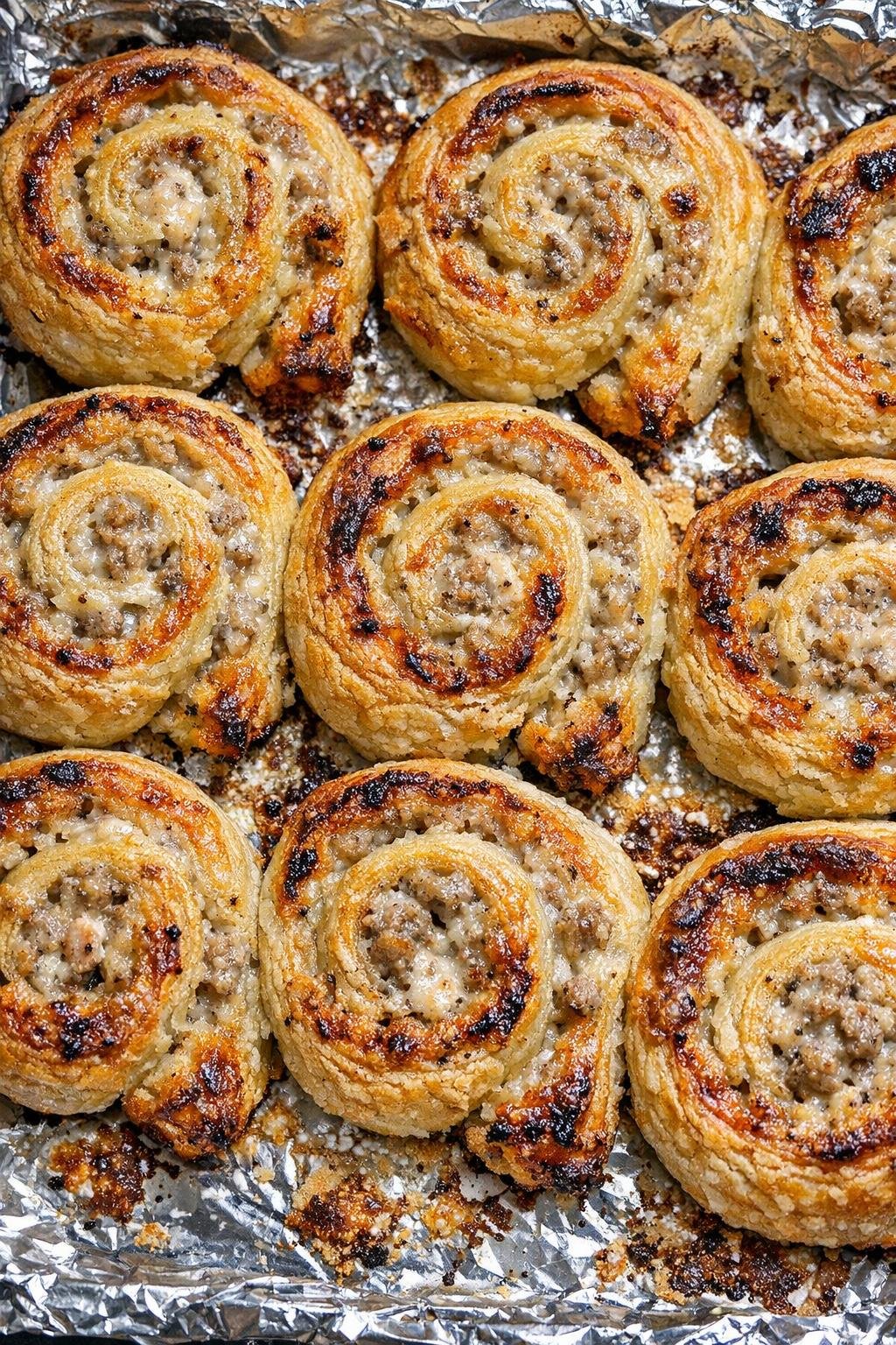 Southern creamy sausage pinwheels baked until golden brown on a foil-lined tray