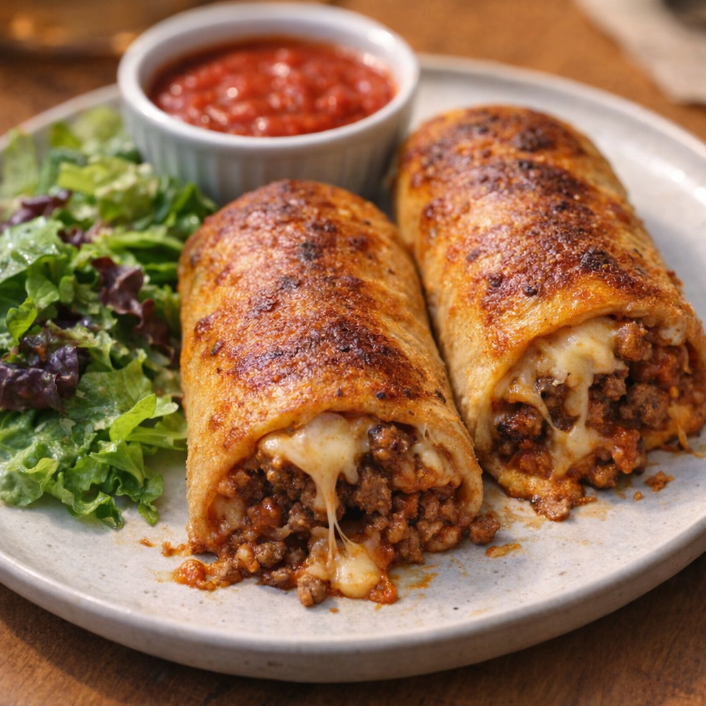 Beef pizza roll ups served with salad and dipping sauce