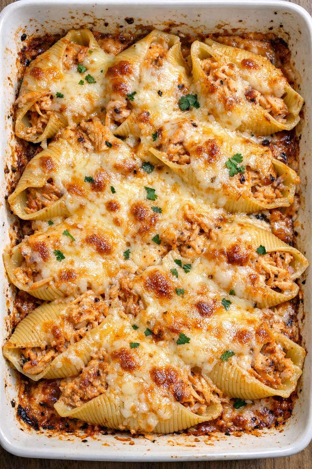 Baked creamy chipotle chicken shells in casserole dish