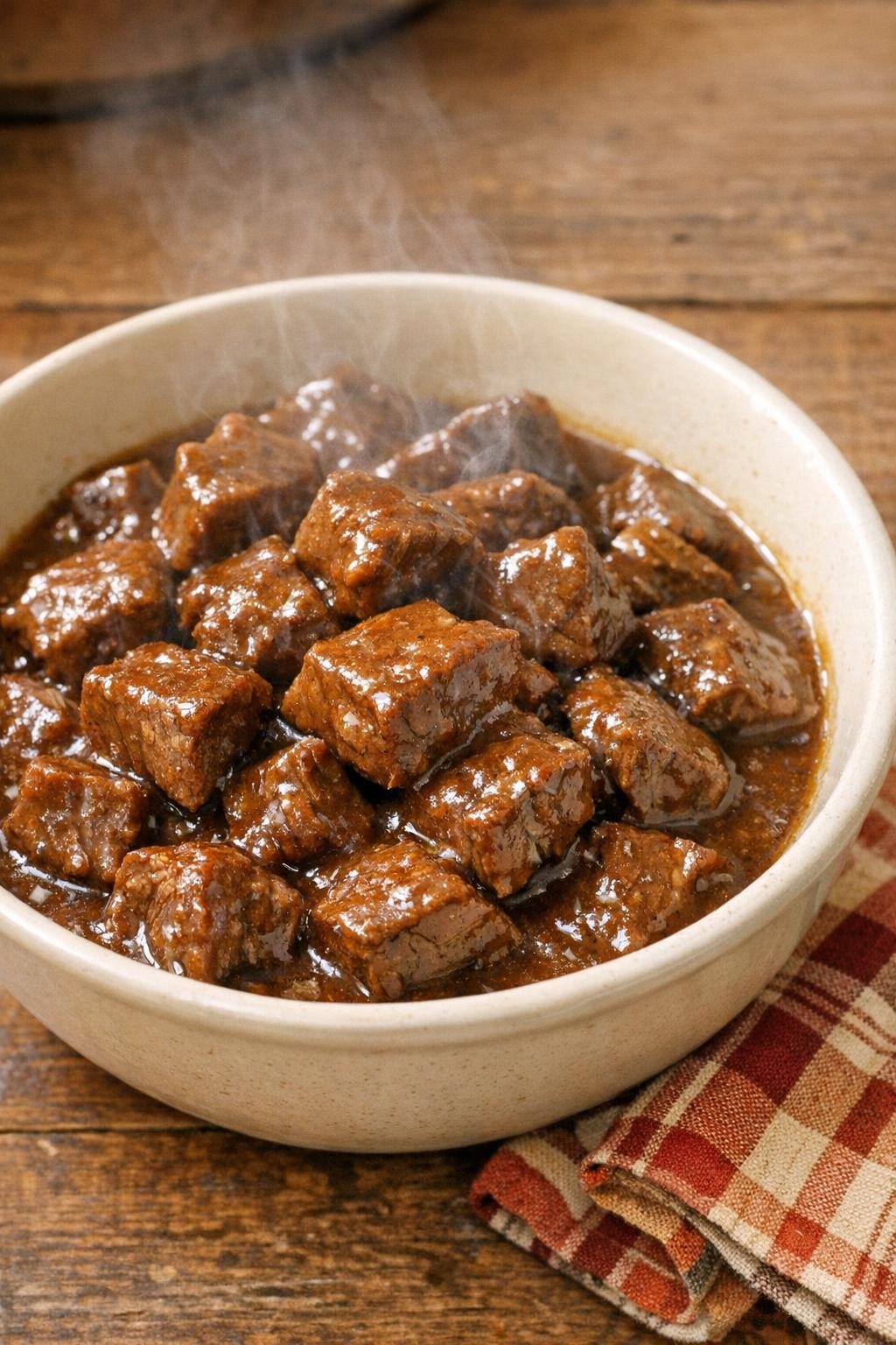 Finished bowl of slow cooker beef tips in brown gravy