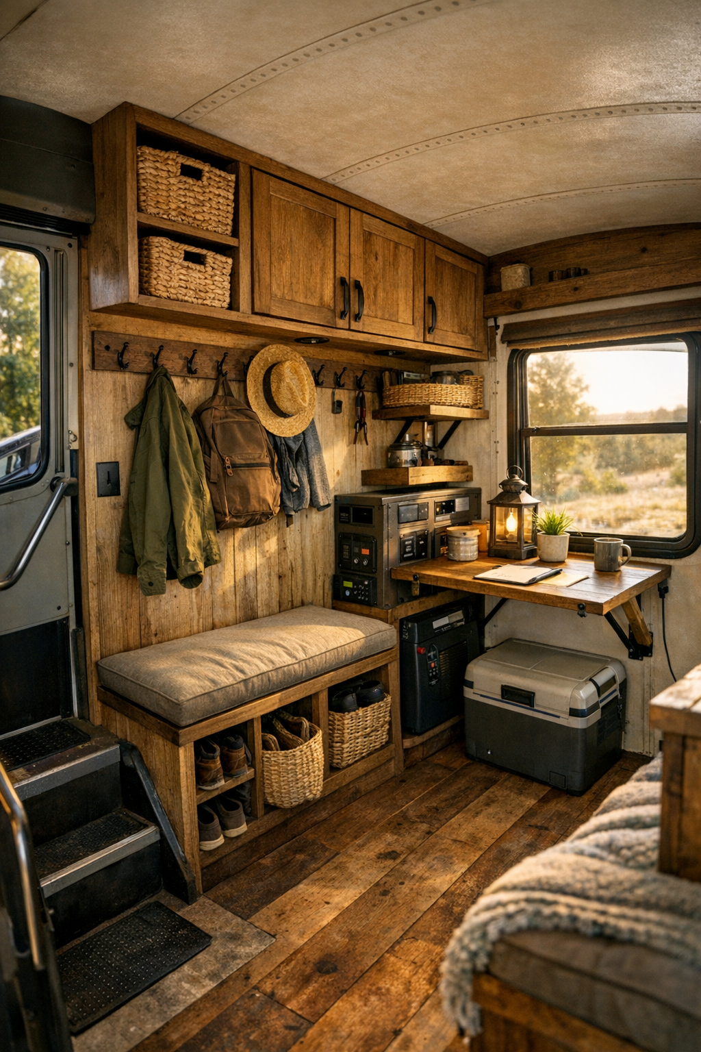Thoughtful utility and entry area in a converted bus with hooks, cubbies, and a small work nook