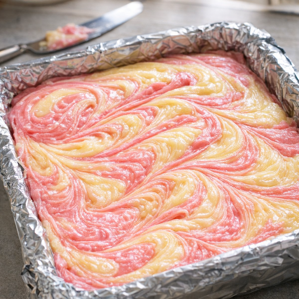 Freshly swirled fudge with glossy pink and yellow pattern