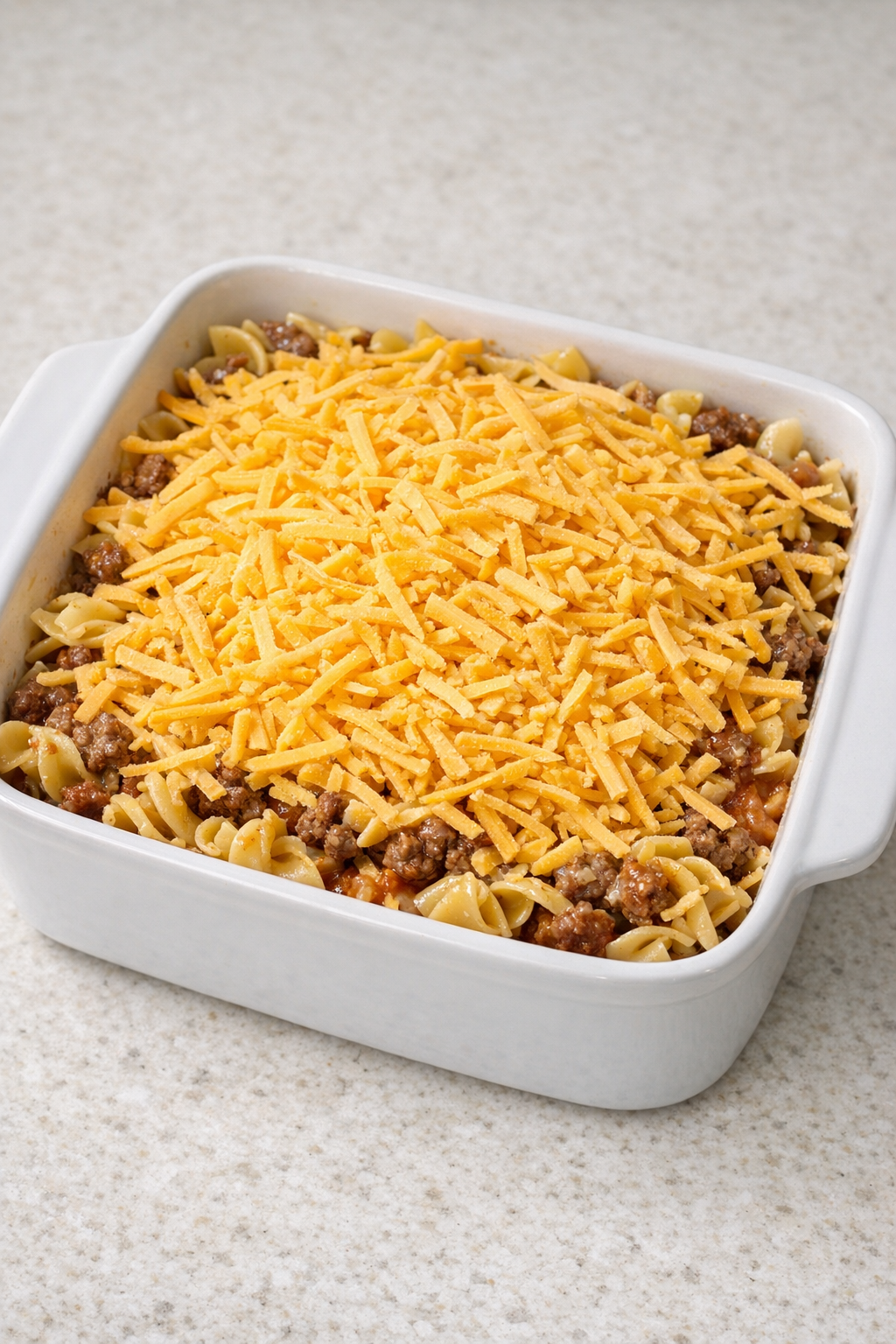 Casserole mixture spread in a baking dish with cheese on top