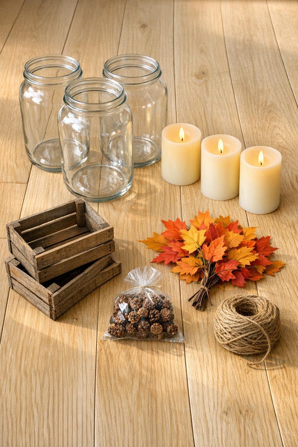 Materials for harvest porch lanterns laid out together