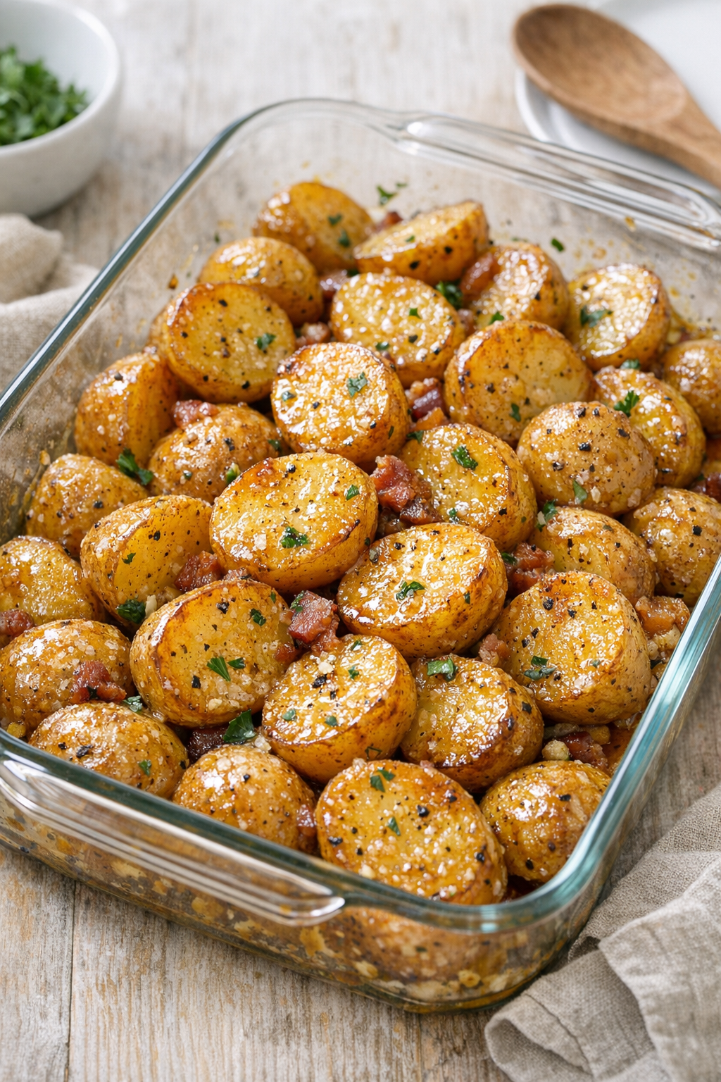 Finished honey mustard baby potatoes in a glass baking dish