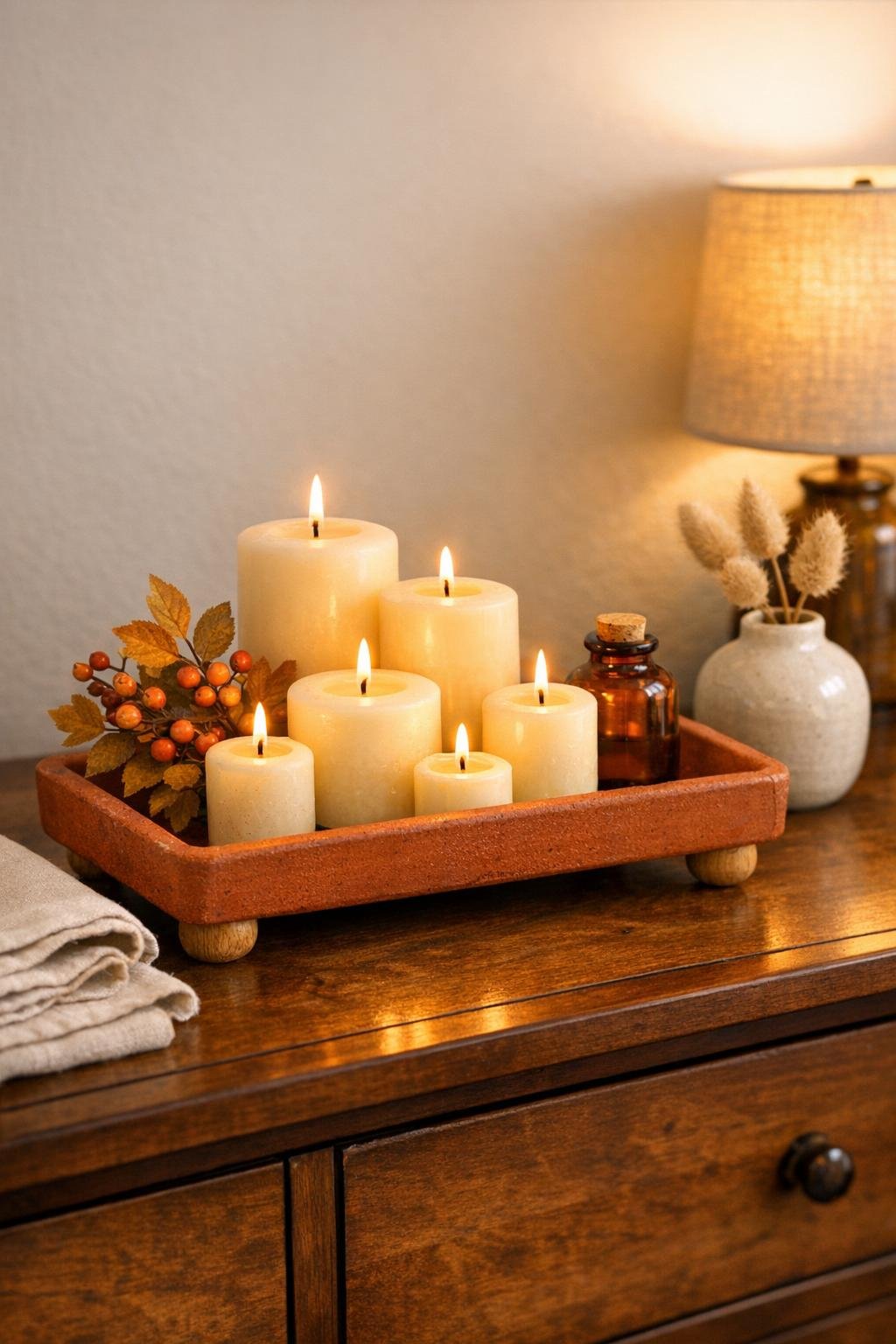 Finished fall candle tray made from a terra cotta saucer with oak furniture feet styled on a bedroom dresser