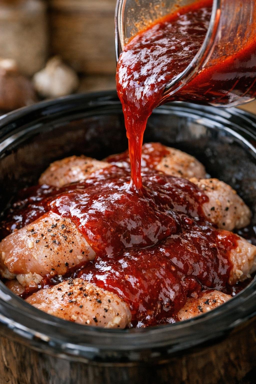 Dieprode saus over gekruide kip gegoten