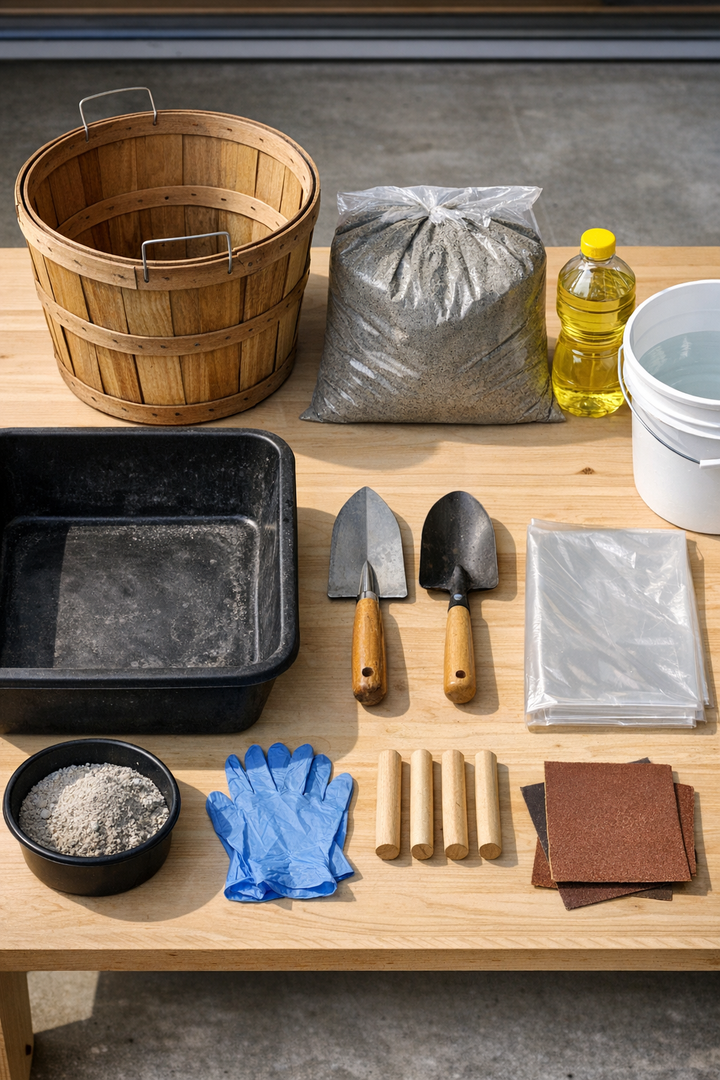 Materials for making cement harvest garden planters laid out together