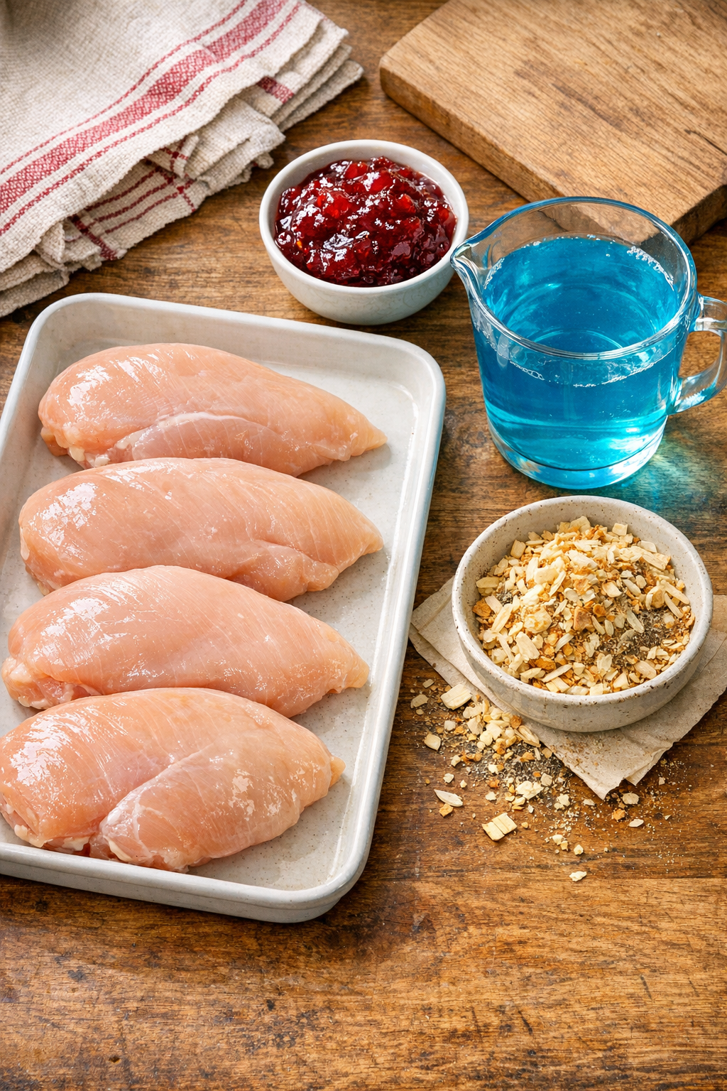 Chicken breasts and four main ingredients arranged on a counter