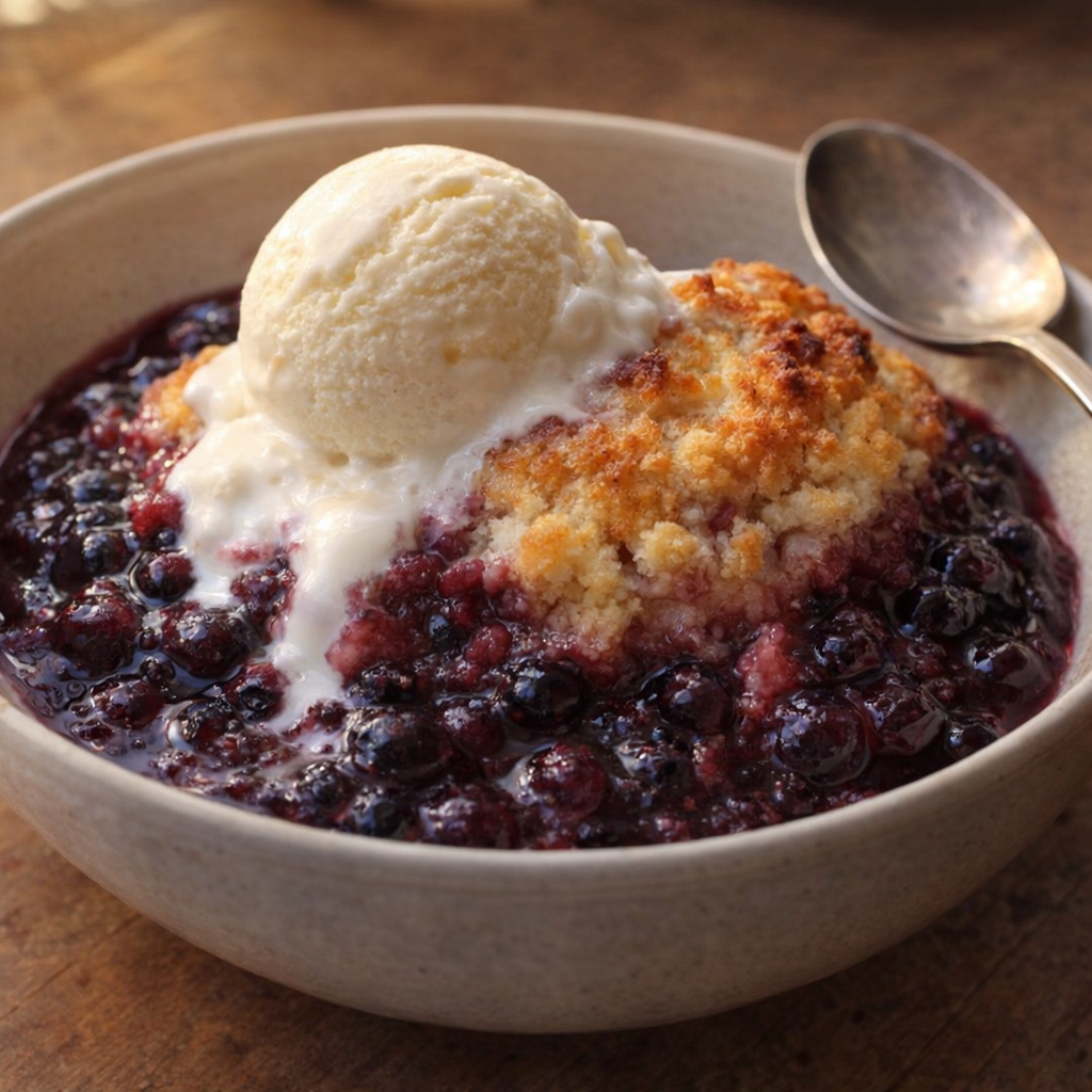 Serving of blueberry grunt in a bowl with melting vanilla ice cream
