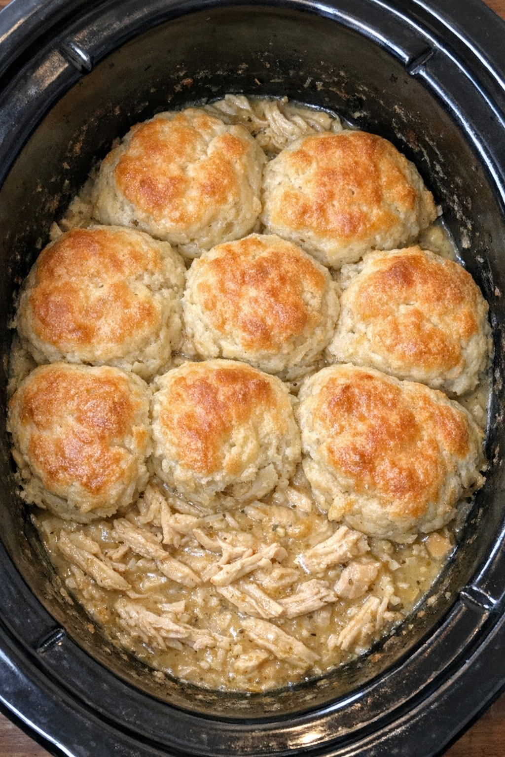 Slow cooker chicken and biscuits in a black slow cooker