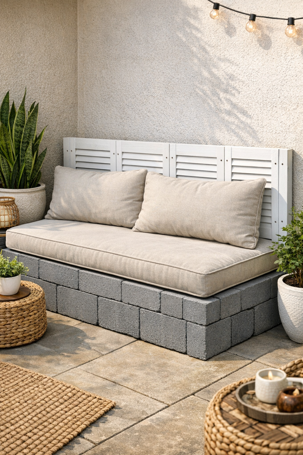 Finished outdoor headboard daybed with white shutters and cushions