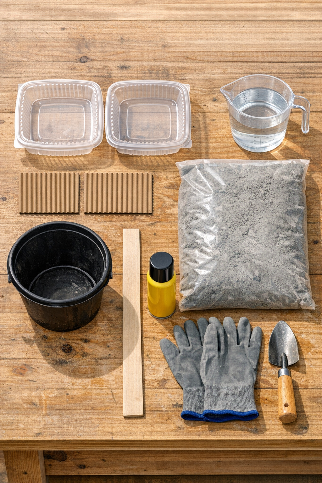 Materials for making ribbed cement yard blocks laid out on a worktable