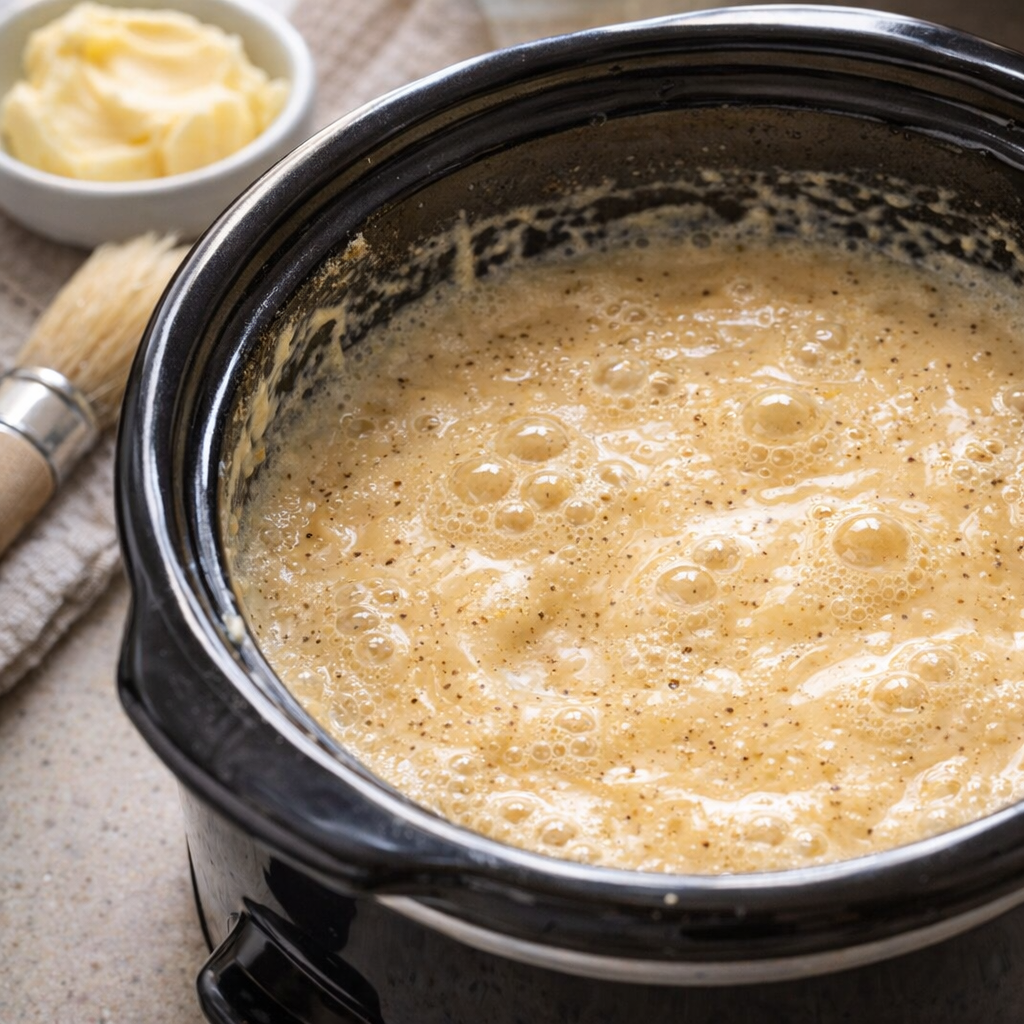Greased slow cooker crock ready for custard