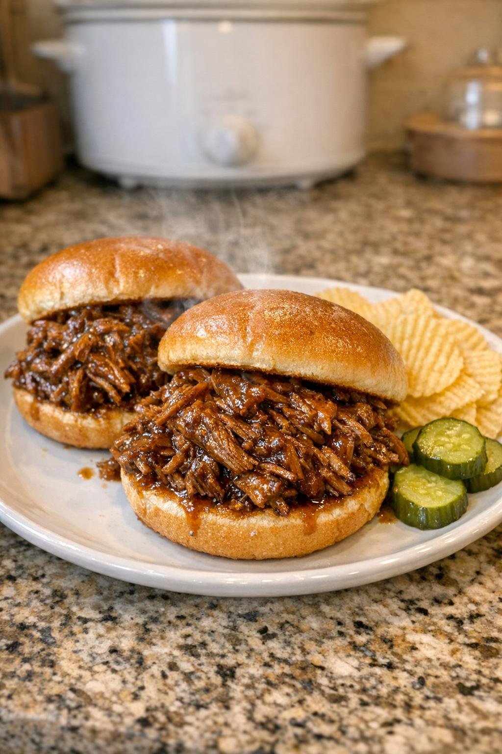 Plated shredded beef sandwiches with saucy tender beef