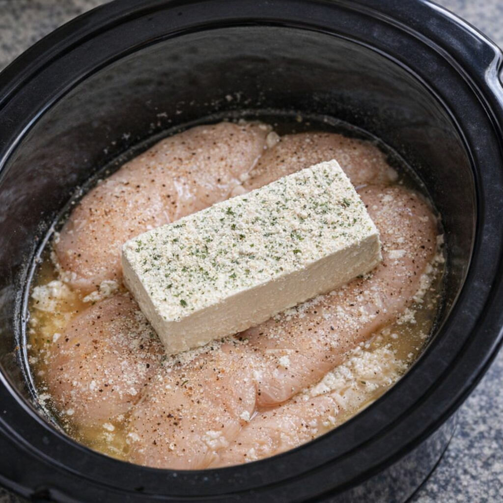 Slow cooker with raw chicken, cream cheese, and ranch seasoning