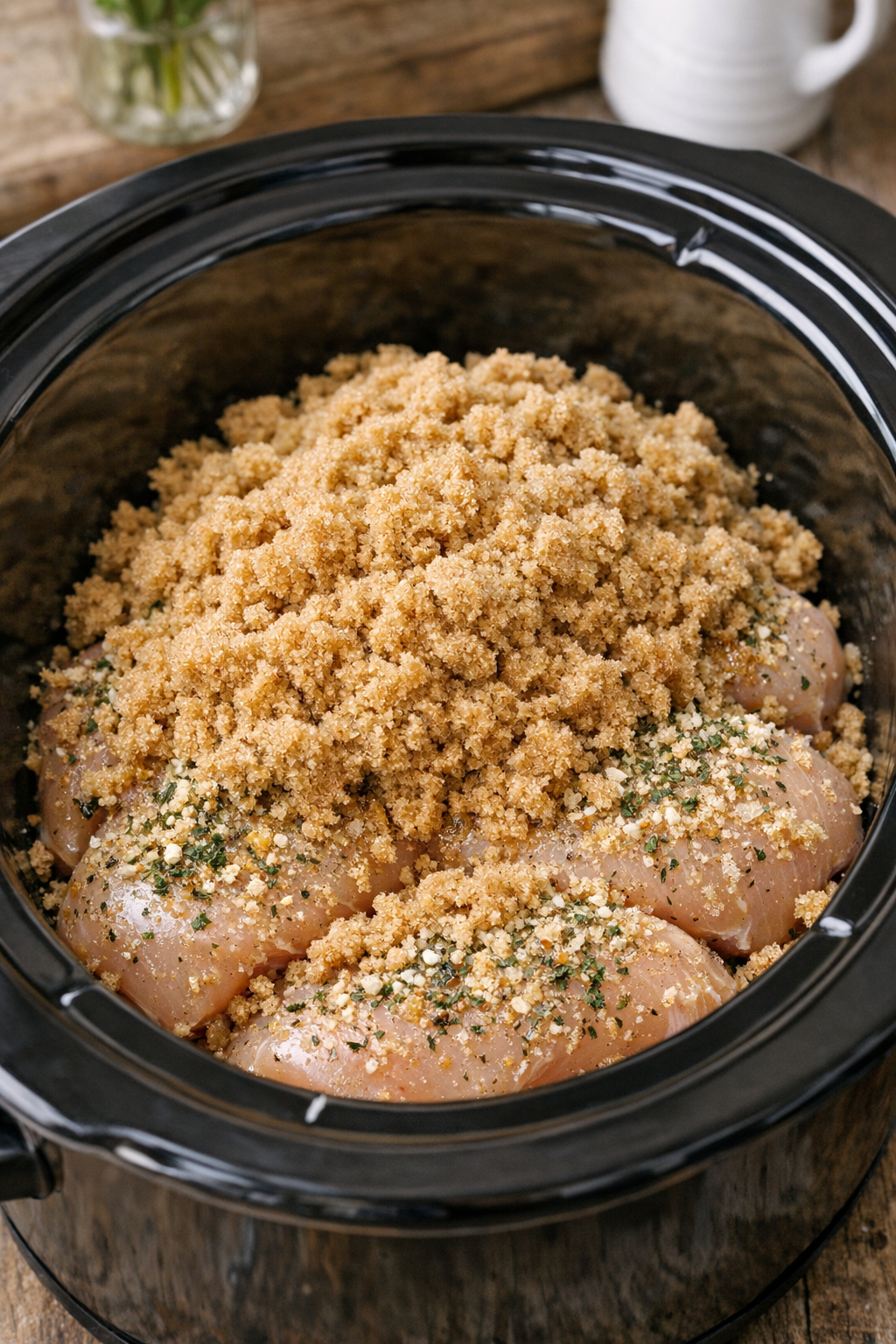 Chicken in the slow cooker topped with dressing mix and brown sugar