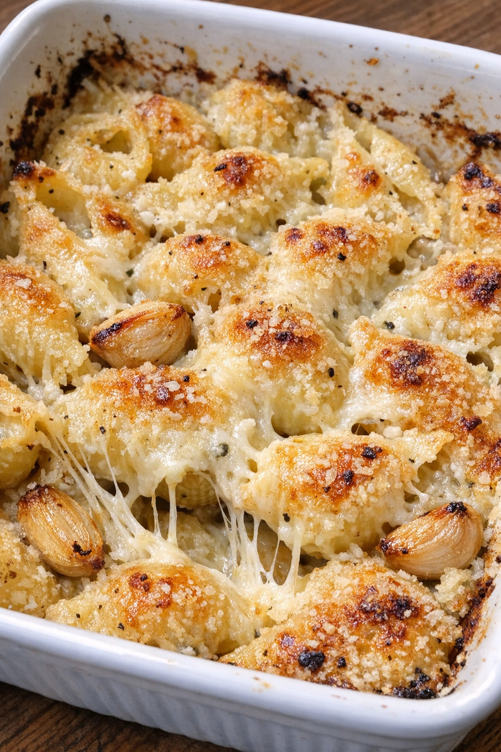 Golden crispy parmesan garlic shells in a white ceramic baking dish