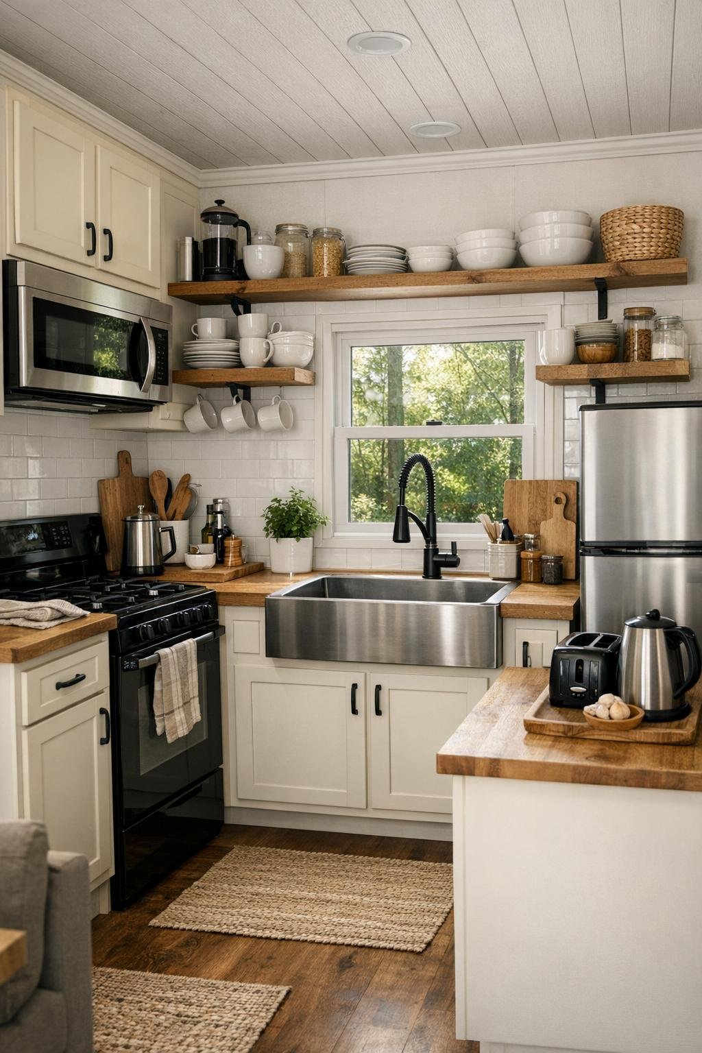 Compact kitchen with light cabinetry, wood accents, white tile, and practical counter space