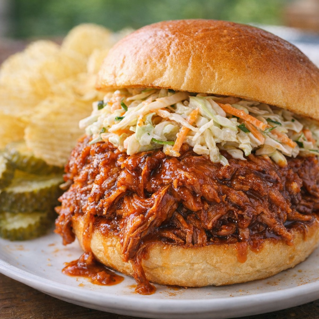 Buffalo pulled pork piled onto a sandwich roll with coleslaw