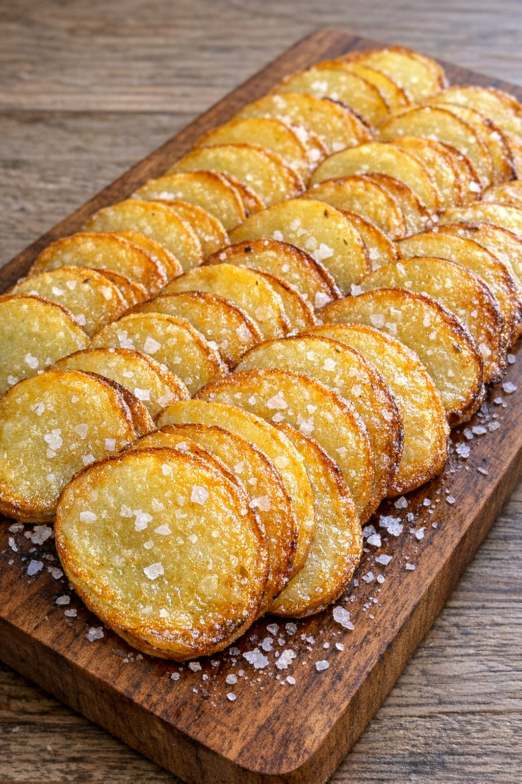 Golden buttery potato crisps on a wooden board