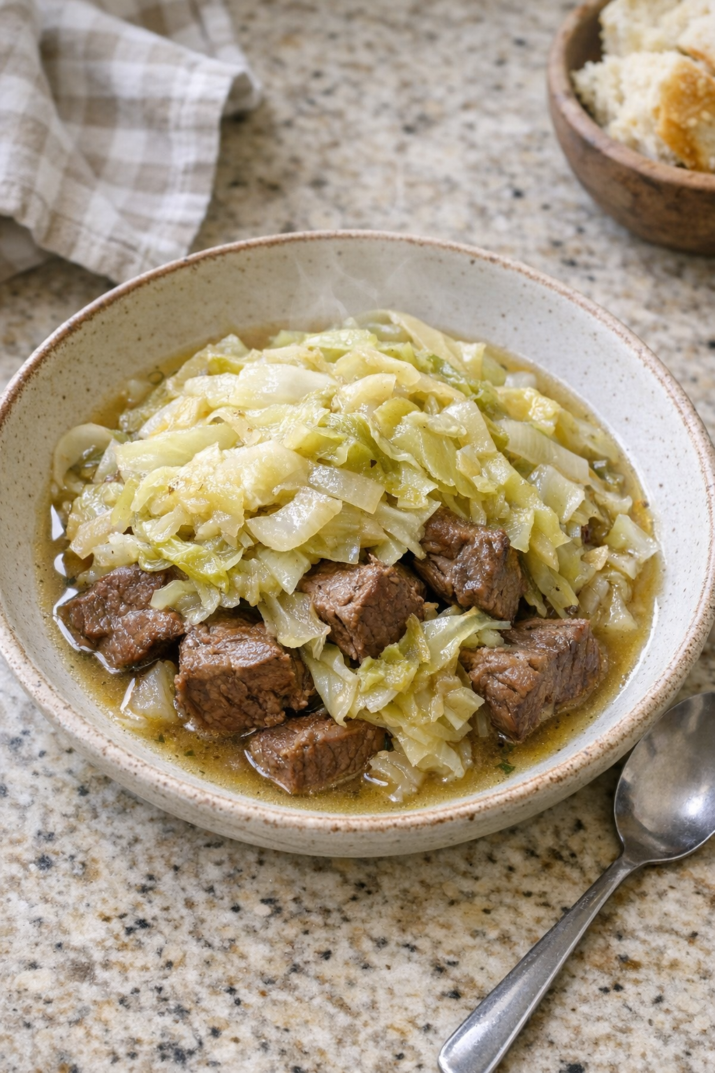 Finished Amish cabbage beef plated in a rustic bowl