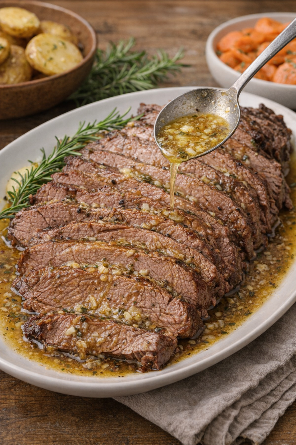 Sliced beef roast on a platter with herb juices spooned over top