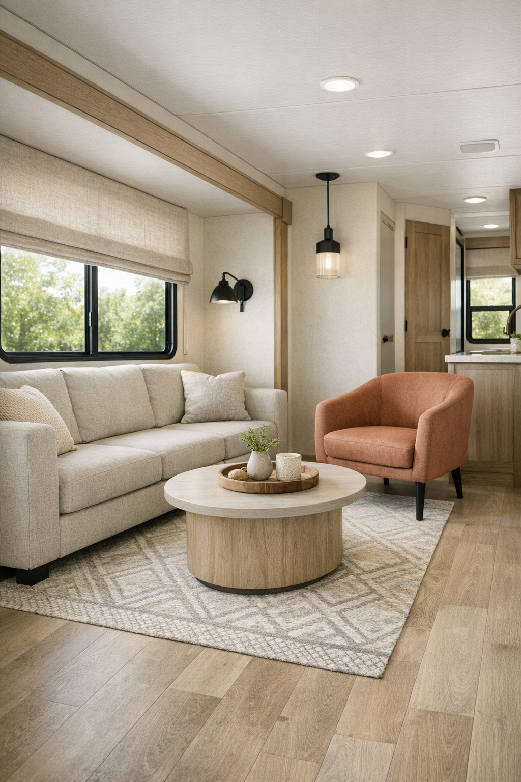 Accessible RV camper living room with oatmeal sofa, pale oak flooring, and soft natural light