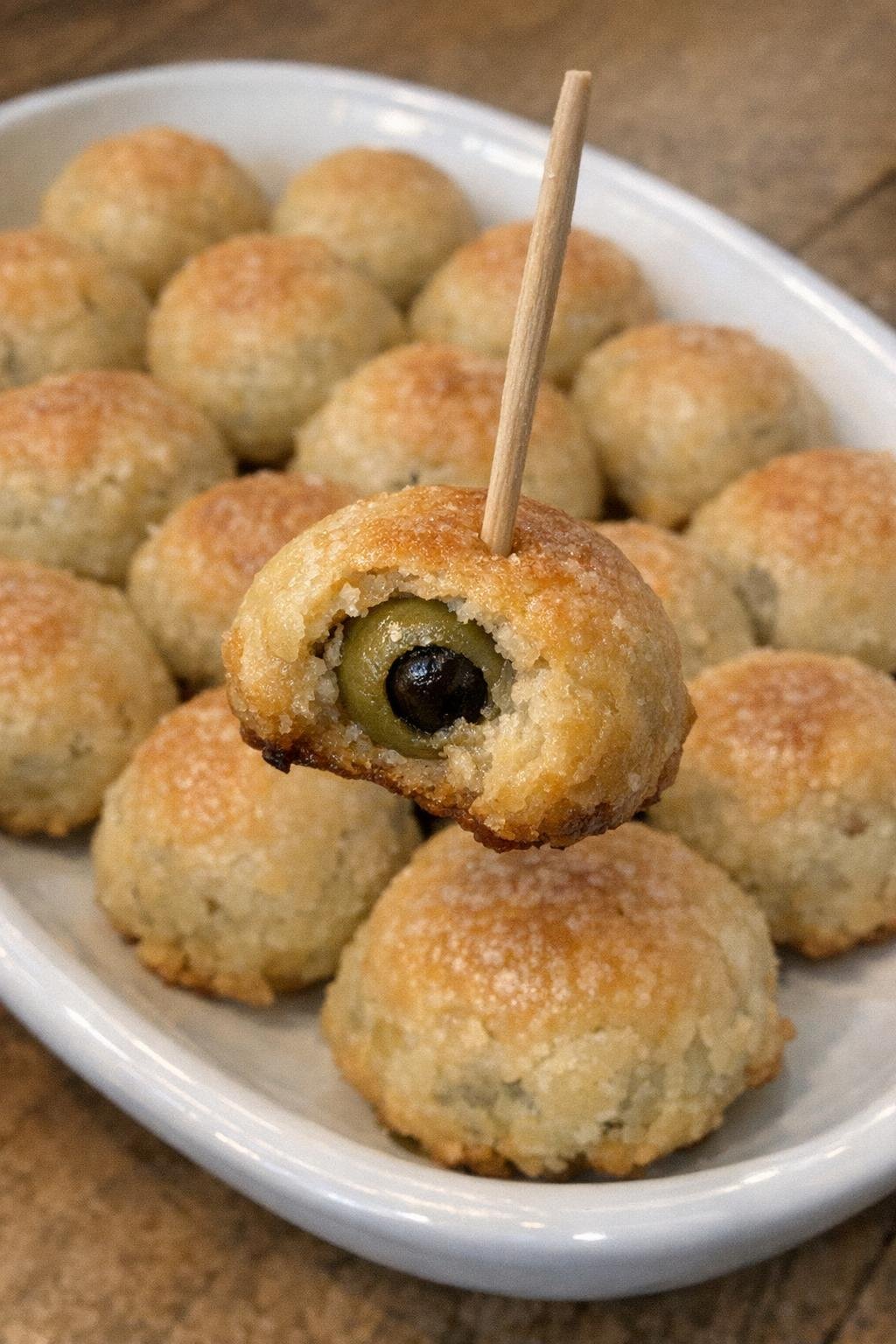 Finished olive mercer bites on a white platter