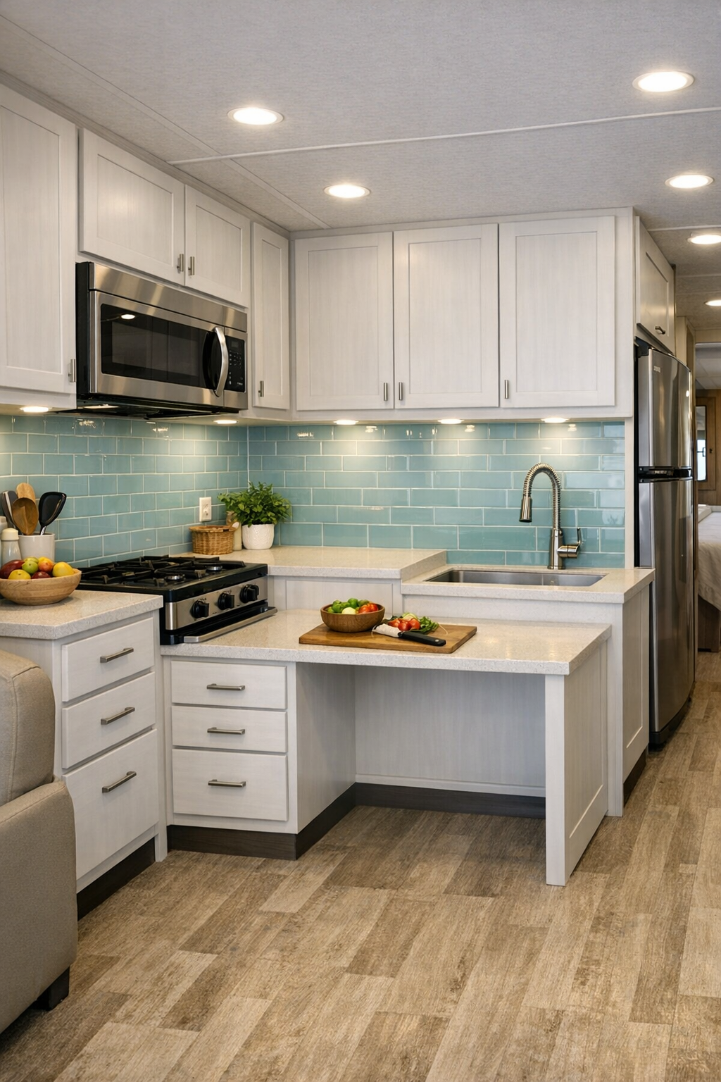 RV camper kitchen with aqua tile backsplash and linen white cabinets
