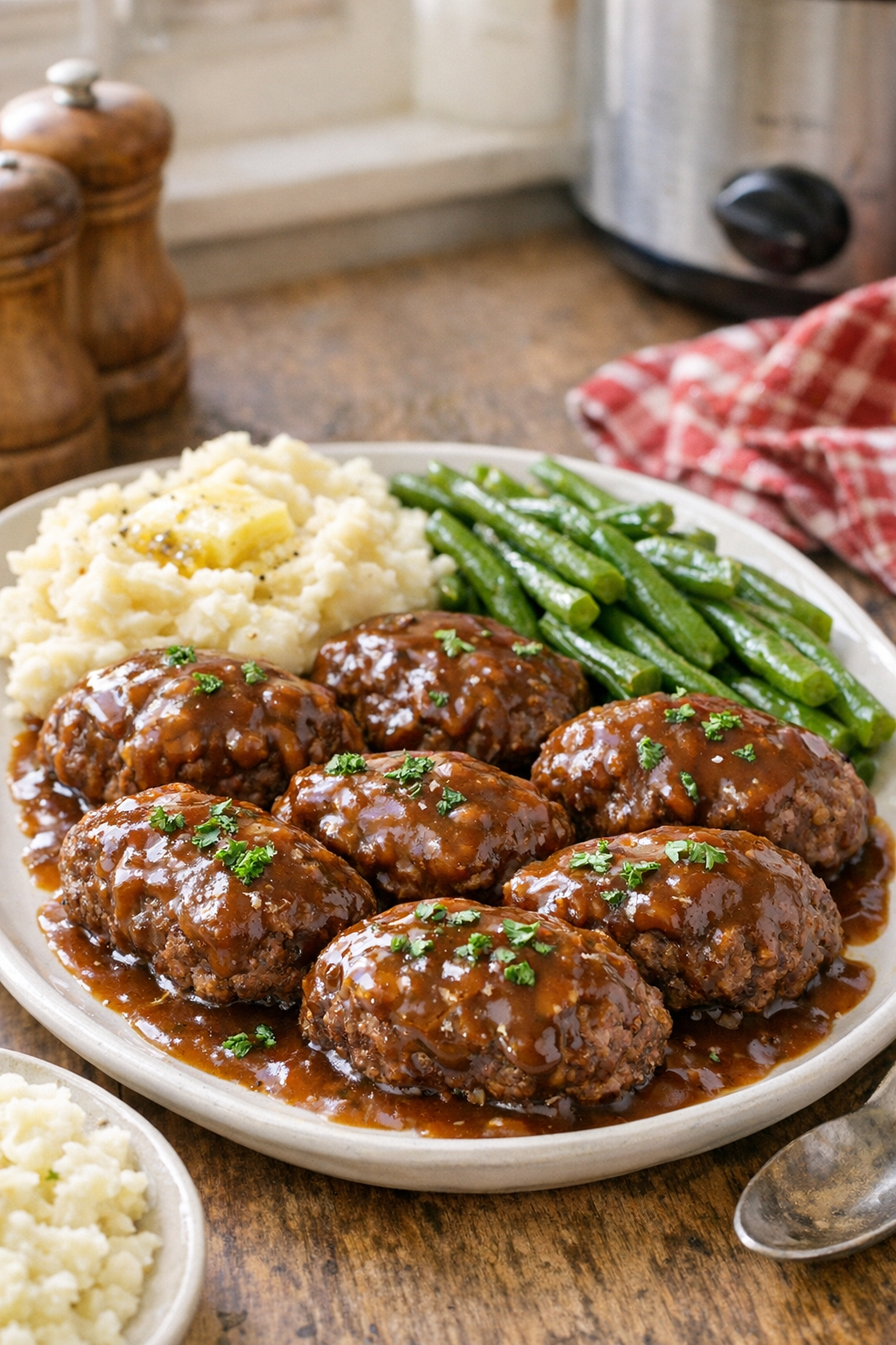 Finished mini beef meatloaves with gravy on a platter