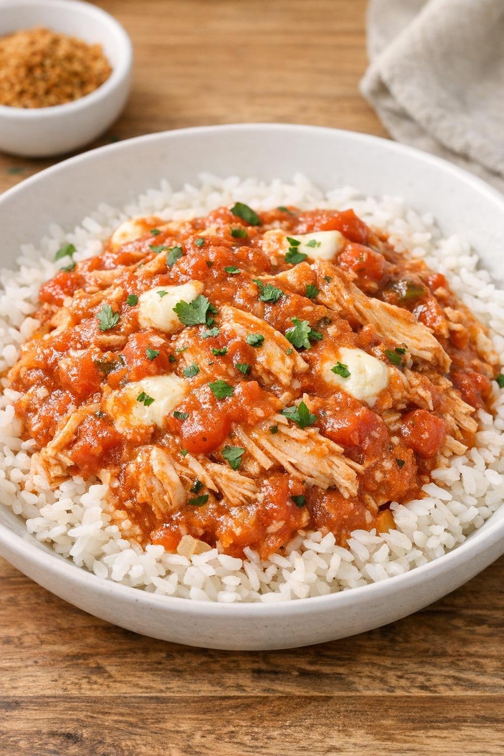 Finished salsa smothered deli chicken served over rice